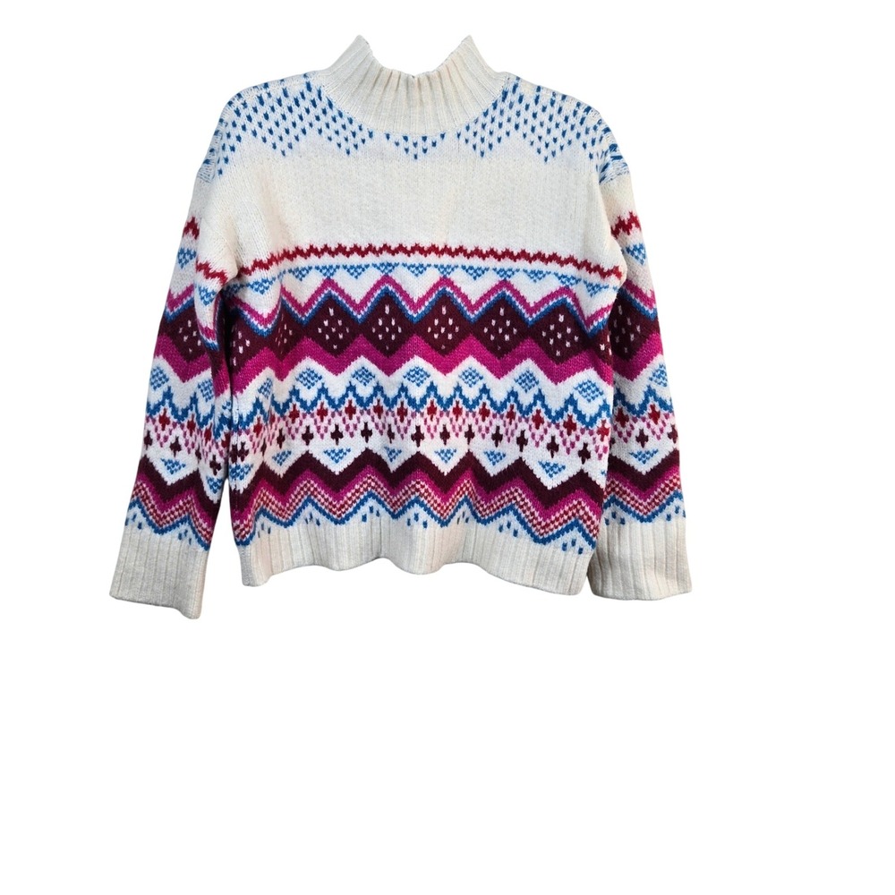 LOFT Womens Whisper White Neon Fair Isle Wide Sleeve Mock Neck Sweater Small